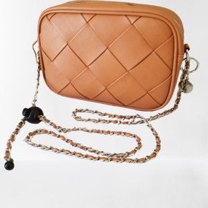 NWT! Brown Faux Leather Purse w/Basketweave Pattern & Adjustable Chain Strap
